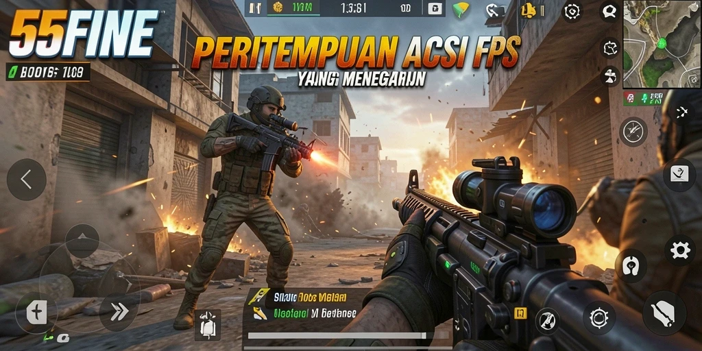 Screenshot gameplay 55FIVE dengan aksi pertempuran yang intens.