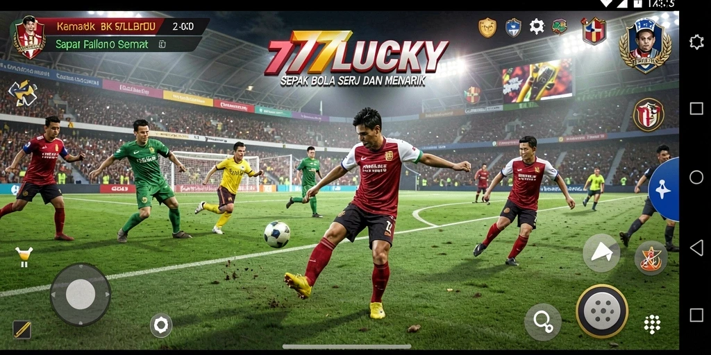 Screenshot utama dari gameplay 777LUCKY dengan aksi sepak bola yang intens.