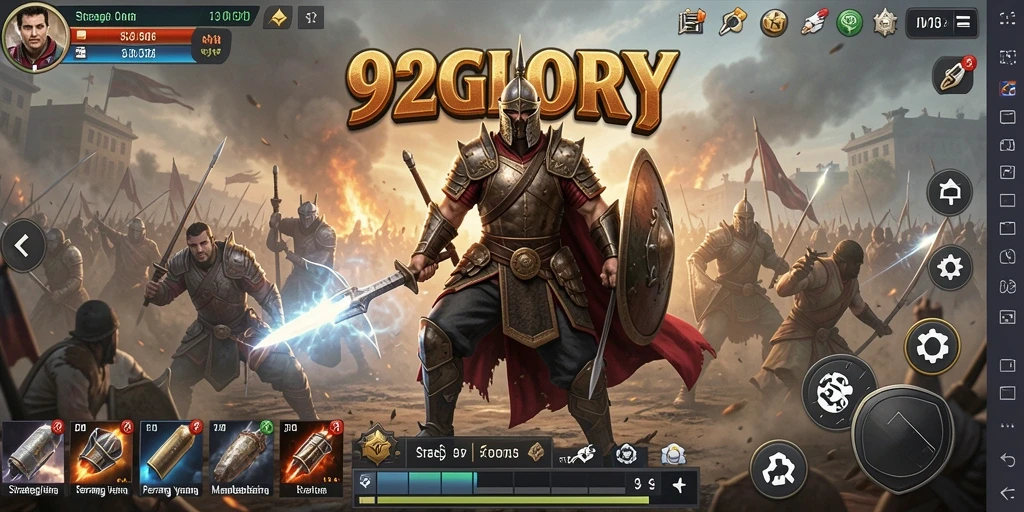 Tangkapan layar gameplay 92GLORY menampilkan aksi pertempuran strategi yang intens.