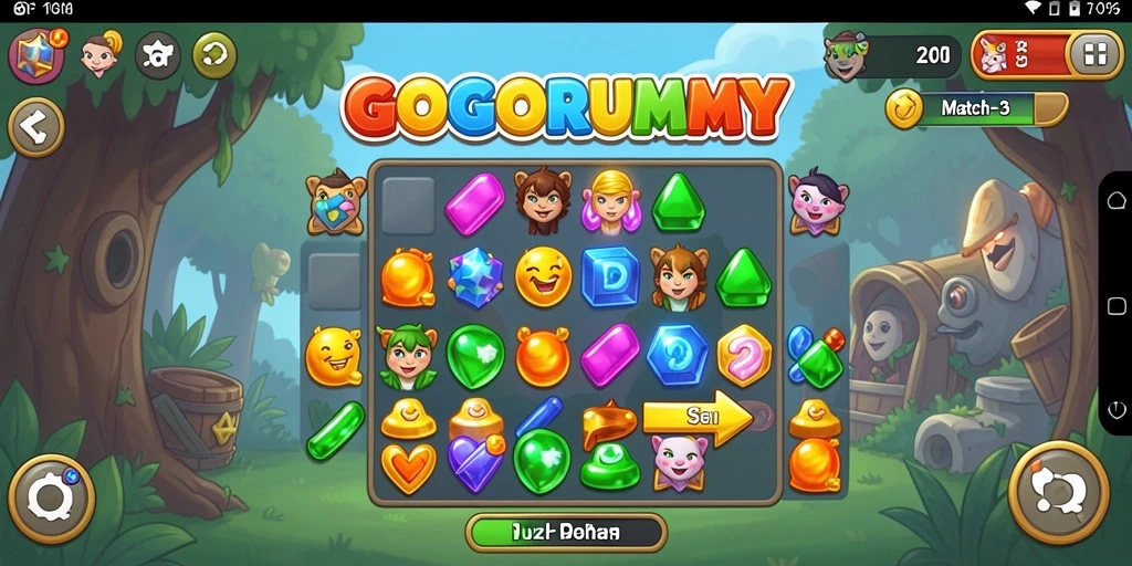 Menampilkan gameplay seru GOGORUMMY dengan tantangan Match-3.