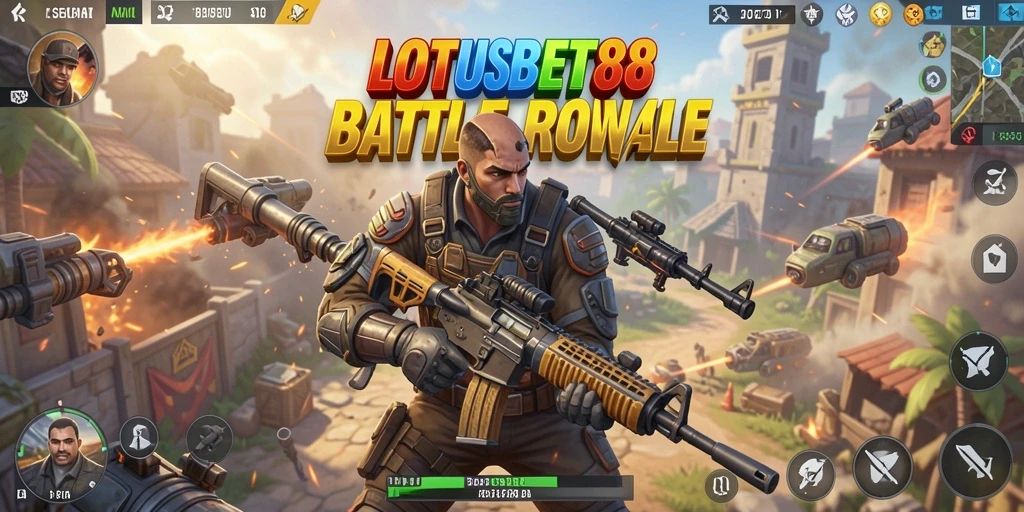 Screenshot gameplay LOTUSBET88 menampilkan aksi pertempuran intens di pulau yang luas.