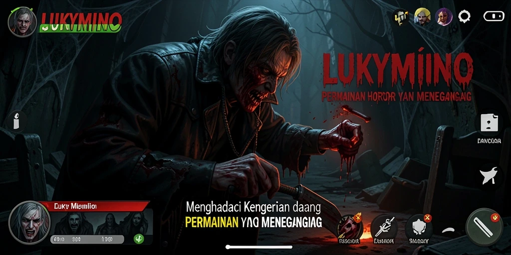 Screenshot gameplay LUKYMINO menampilkan suasana horor yang mencekam dan menegangkan.