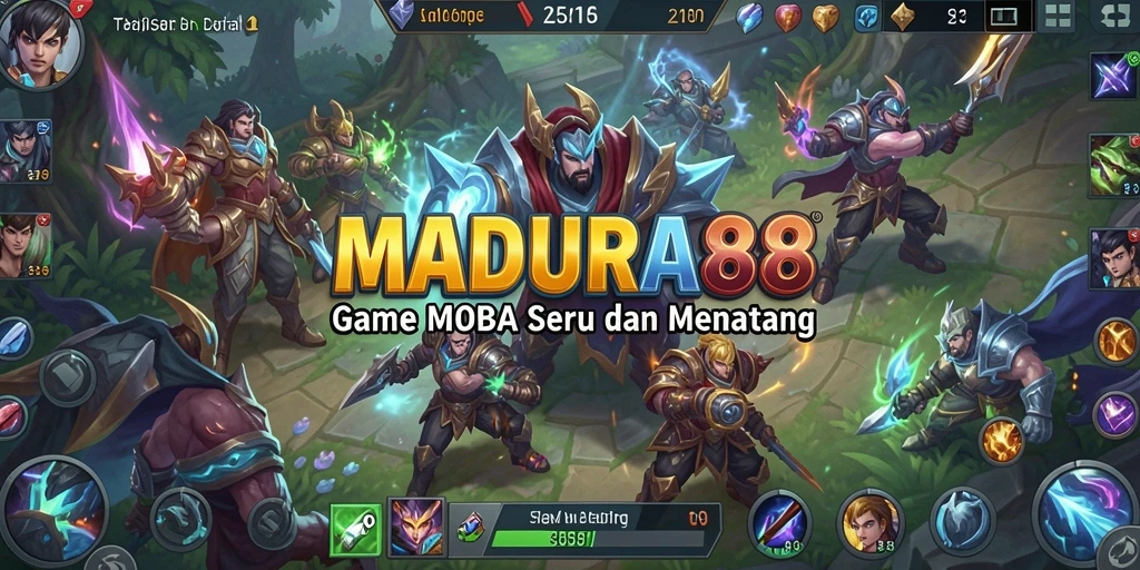 Screenshot gameplay menunjukkan pertarungan MOBA yang intens di MADURA88.