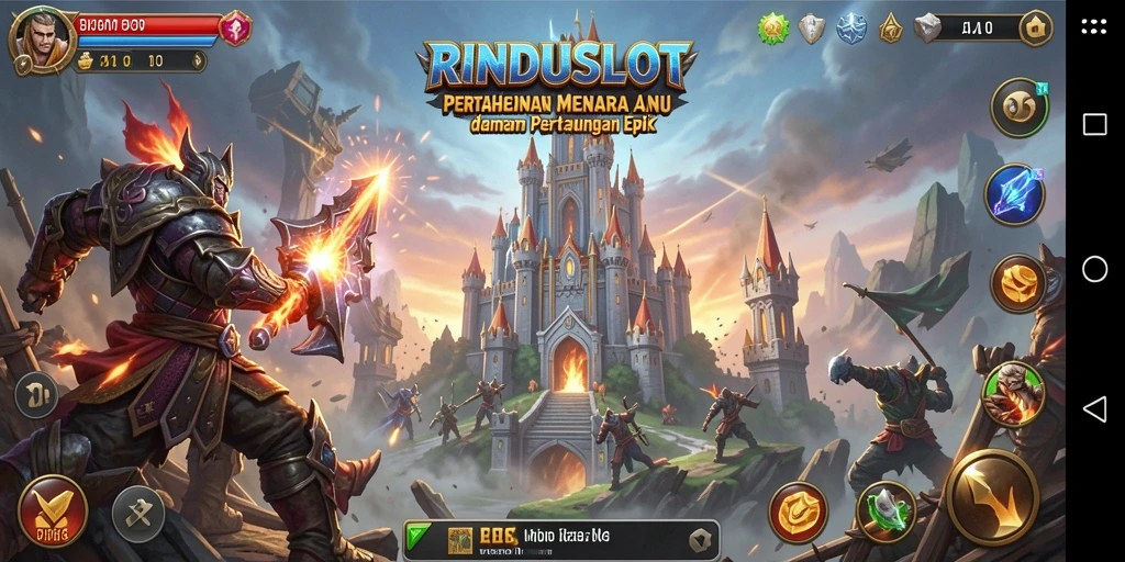 Tampilan gameplay RINDUSLOT dengan aksi menara bertahan yang mendebarkan.