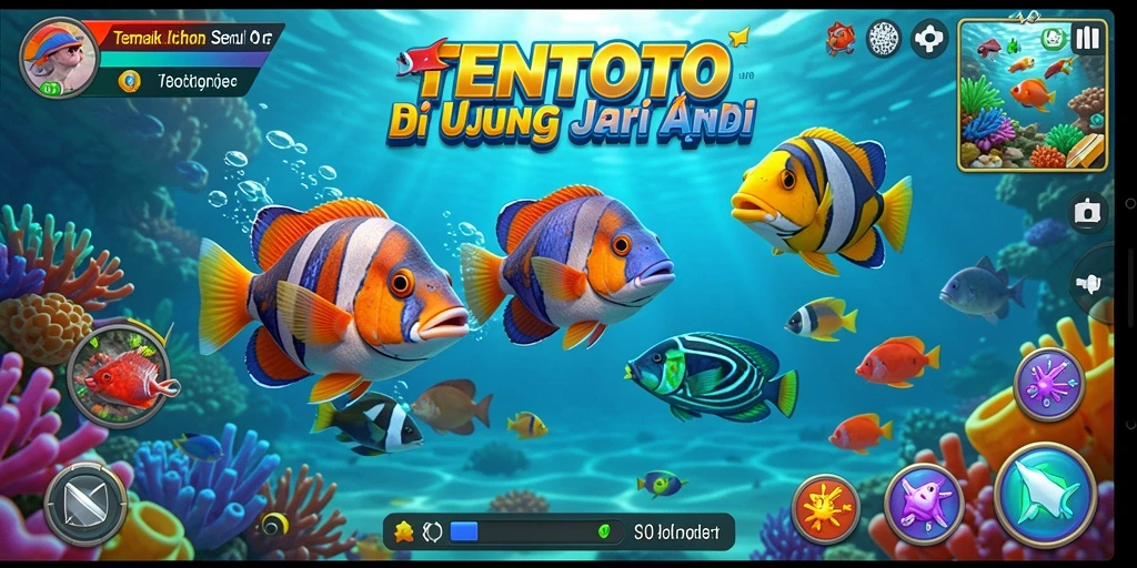 Tampilan gameplay TENTOTO dengan aksi menembak ikan yang seru.