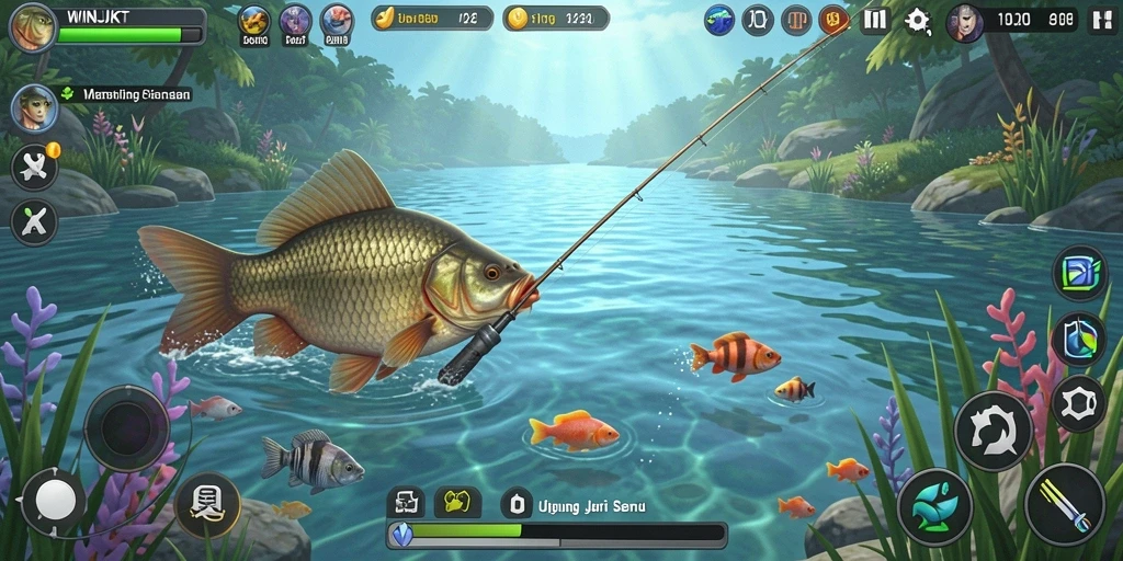 Tampilan gameplay WINJKT yang menarik saat memancing di danau.